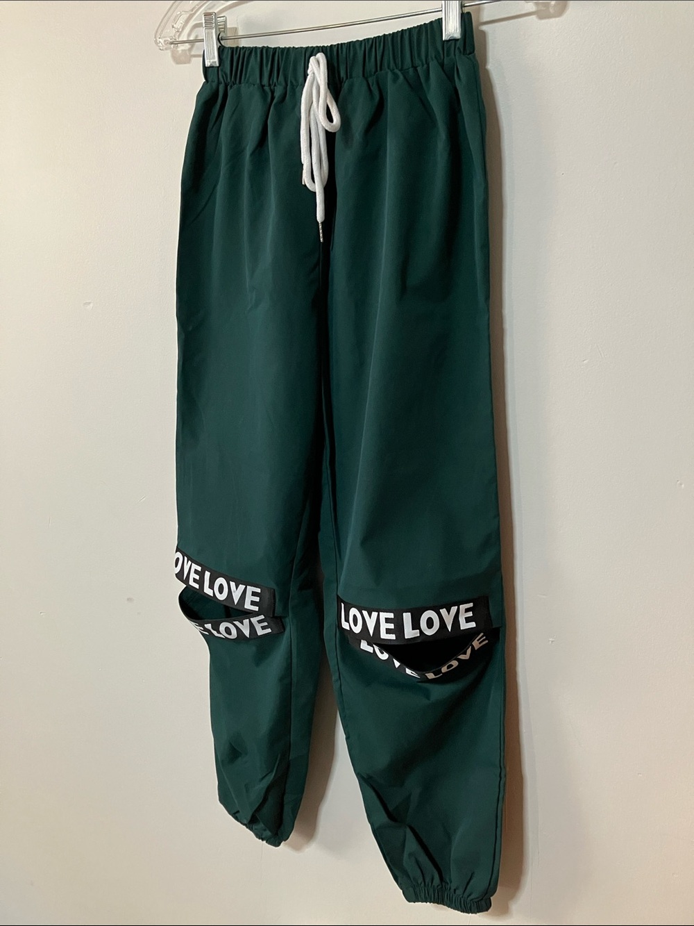 SHEIN Forest Green Cutout Knee Cargo Joggers Utility Y2K LOVE Graphic Pants Sz S